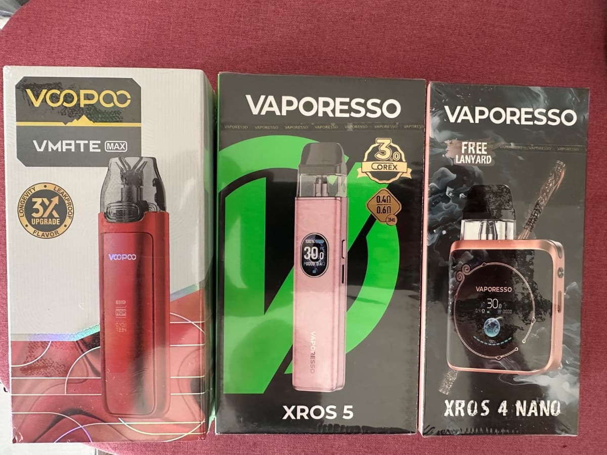VooPoo VMate Max, Vaporesso XROS 5, Vaporesso XROS 4 NANO